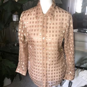 SZ S NWT NOTATIONS LONG SLEEVE COLLARED TOP WITH GOLD SHEER RECTANGLES
